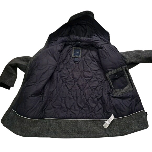 Zara Man Coat Men's Large Gray Herringbone Wool Blend Hooded Heavy Classic - Picture 3 of 12